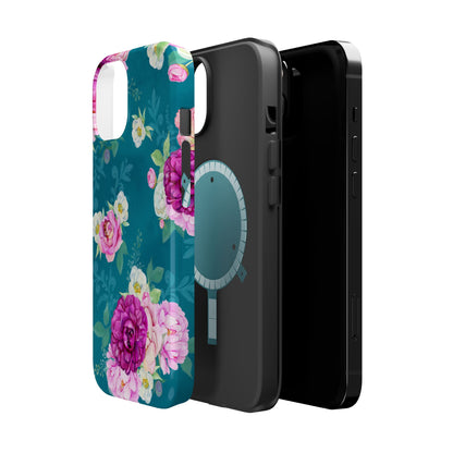 Elegant Peony Bouquet MagSafe iPhone Case – Deep Teal Background with Romantic Floral Design