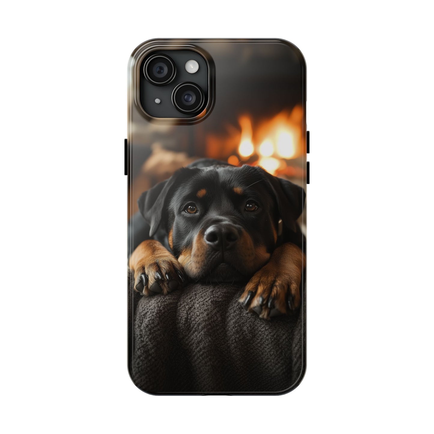 Cozy Rottweiler by the Fireplace iPhone Case – Warm Rustic Design