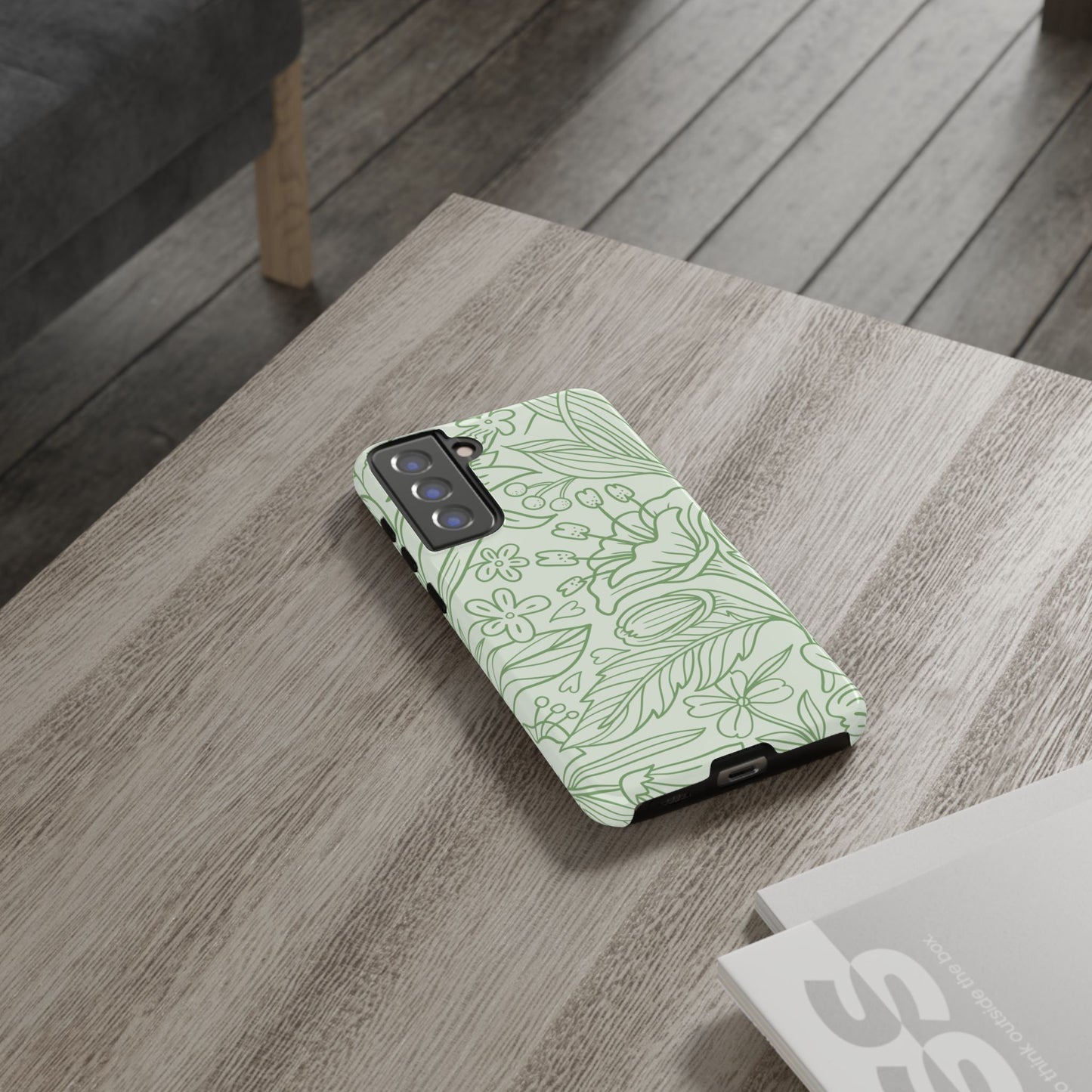 Sage Green Floral Line Art Tough Samsung Galaxy Case – Minimalist Botanical Design with Dual-Layer Protection