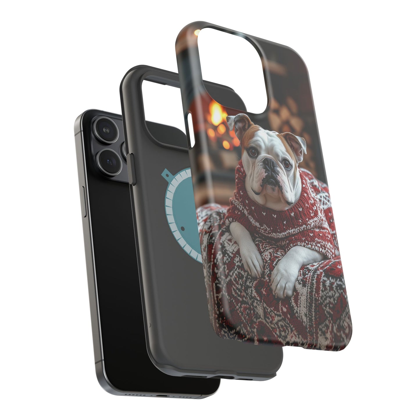 Cozy Bulldog in Sweater MagSafe iPhone Case – Festive Fireplace Protective Cover