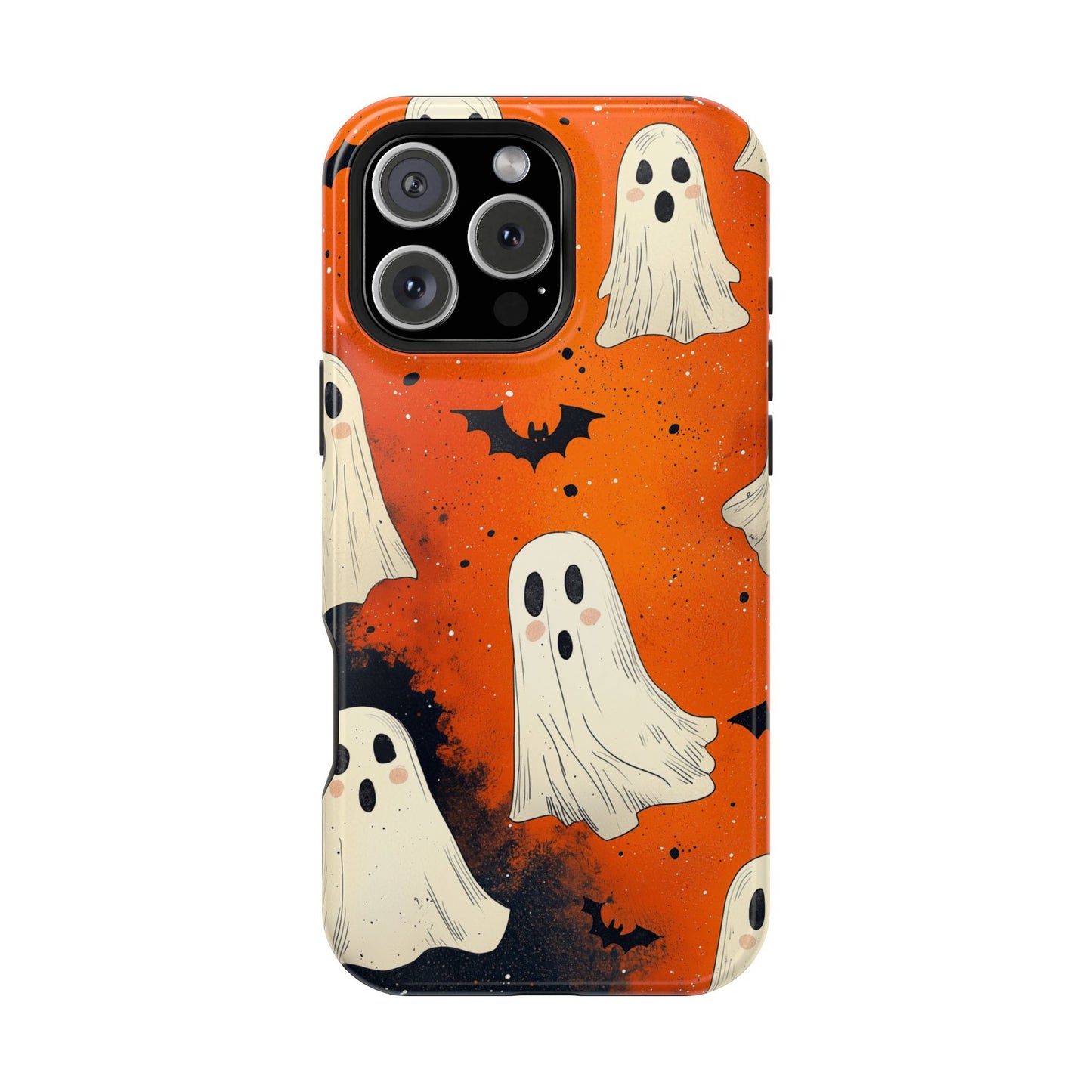 Spooky Ghosts & Bats  MagSafe iPhone Case – Vibrant Orange Halloween Design