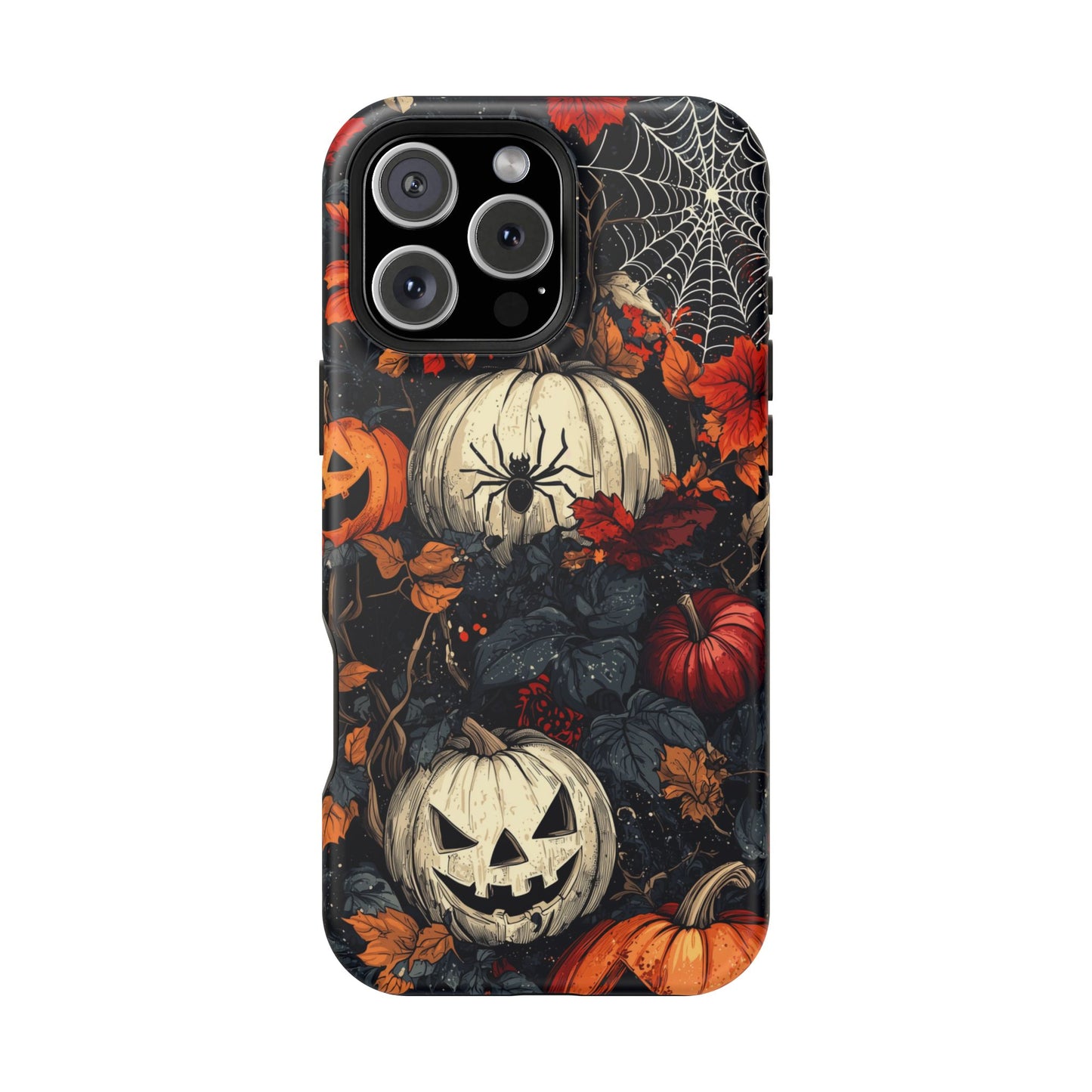 Hauntingly Elegant Halloween MagSafe iPhone Case – Pumpkins, Spiders, and Autumn Leaves Design