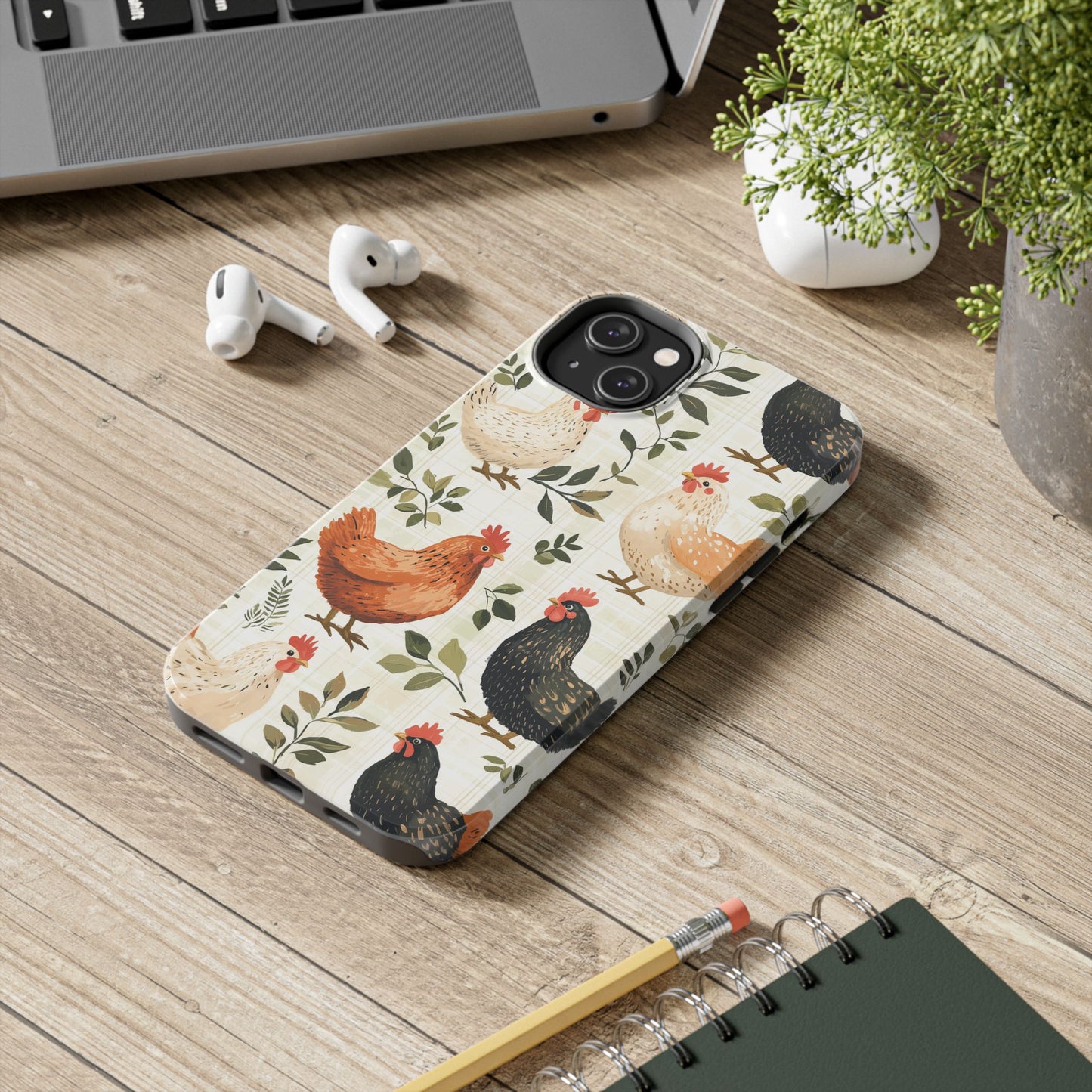 iPhone Case: Vintage Chicken Farmhouse Case – Rustic Leaves Design