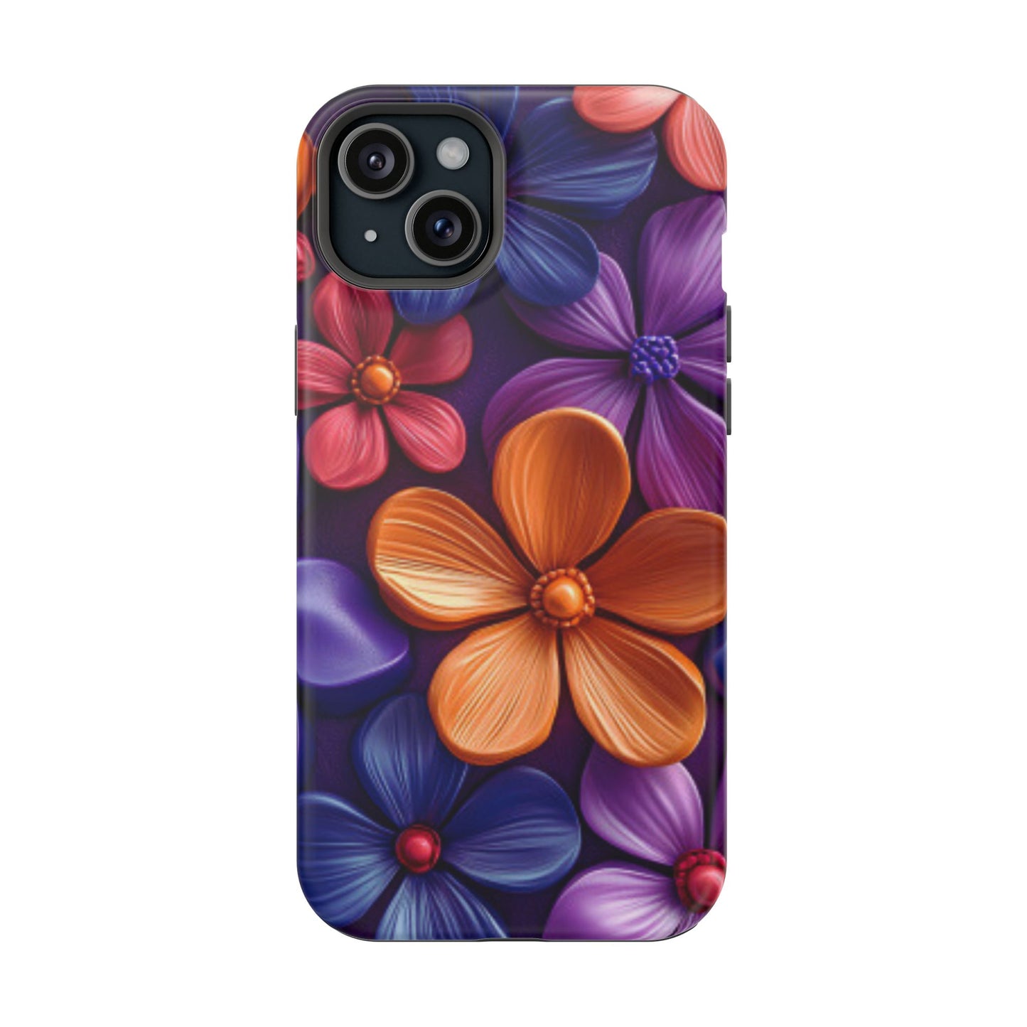 Bold Floral 3D MagSafe iPhone Case – Vivid Purple and Orange Flower Design, Shock-Resistant