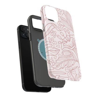 Blush Floral Line Art Tough MagSafe iPhone Case – Delicate Minimalist Design with Dual-Layer Protection