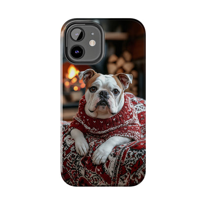 Cozy Bulldog in Sweater iPhone Case – Festive Fireplace Protective Cover