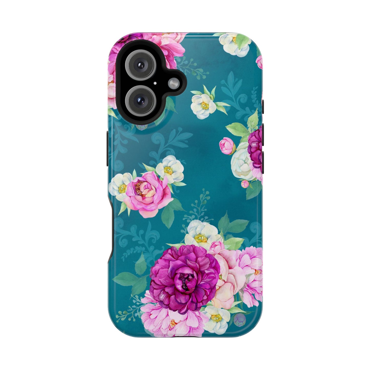 Elegant Peony Bouquet MagSafe iPhone Case – Deep Teal Background with Romantic Floral Design