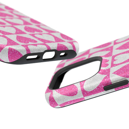 Pink Glitter Heart Checkered Pattern MagSafe Case