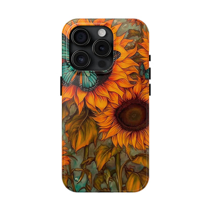 Vintage Blue Butterfly & Sunflower Art – iPhone Case