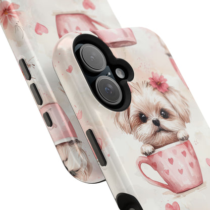 Floral Puppy in Teacup MagSafe iPhone Case – Cute Pink Flower Design, Tough Dual-Layer Protection