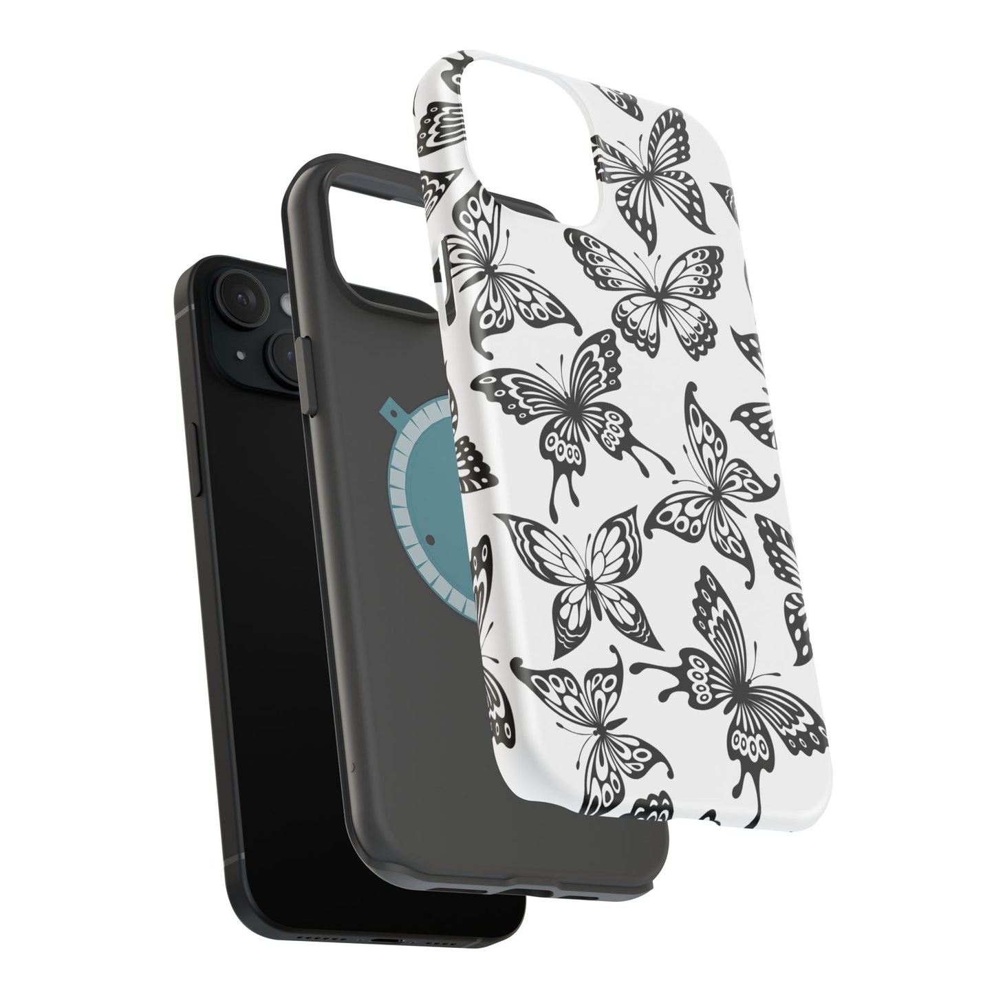 Monochrome Butterfly Pattern Tough MagSafe Case – Dual-Layer Protection with Matte Finish