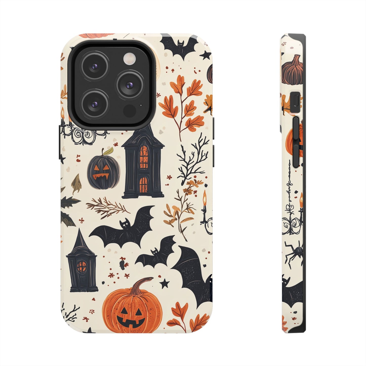 Haunted Halloween iPhone Case – Haunted House, Bats, and Pumpkins Design