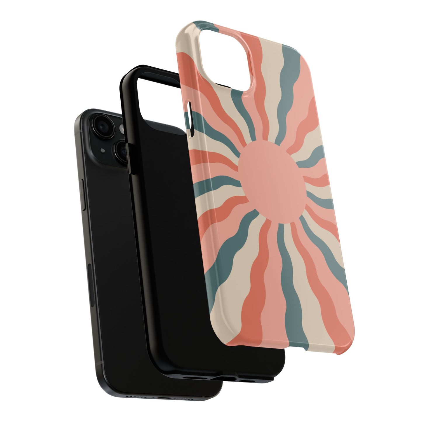 Retro Sunburst iPhone Case – Bold 70s-Inspired Waves in Coral, Teal, and Cream