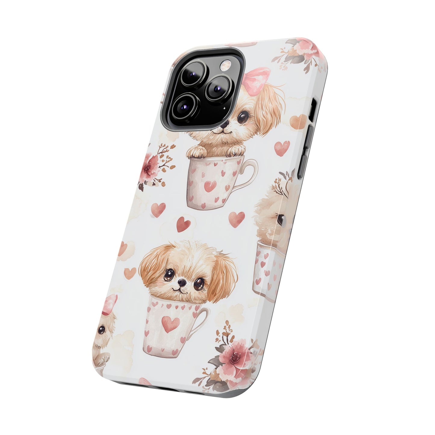 Cute Puppies in Heart Mugs iPhone Case – Adorable Dog & Floral Design, Shockproof & Slim - BOGO Cases