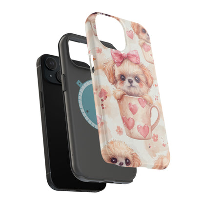 Adorable Puppy in Teacup MagSafe iPhone Case – Tough, Dual-Layer Protection with Cute Pink Bow Design