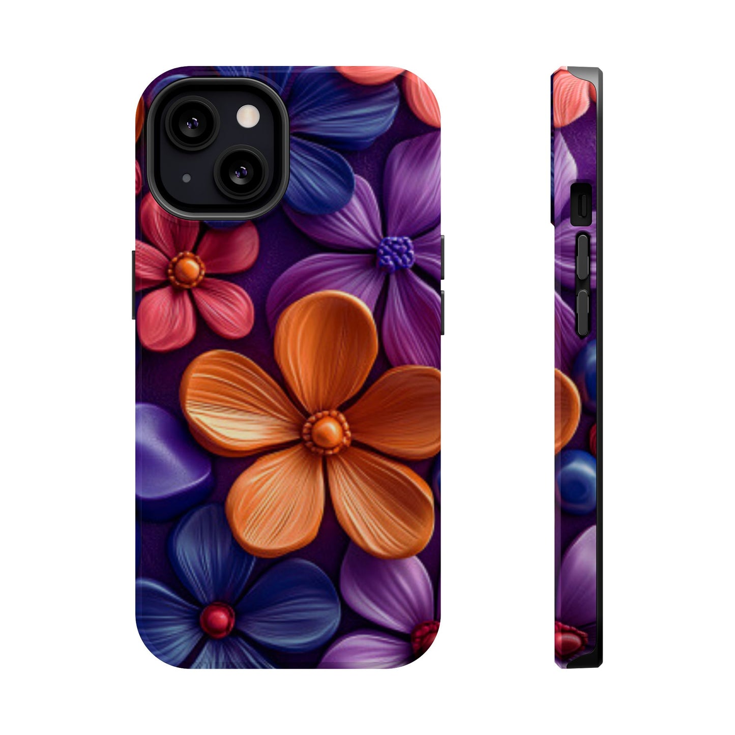 Bold Floral 3D MagSafe iPhone Case – Vivid Purple and Orange Flower Design, Shock-Resistant