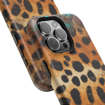 Rustic Leopard Print Tough MagSafe iPhone Case – Distressed Turquoise and Animal Pattern with Dual-Layer Protection