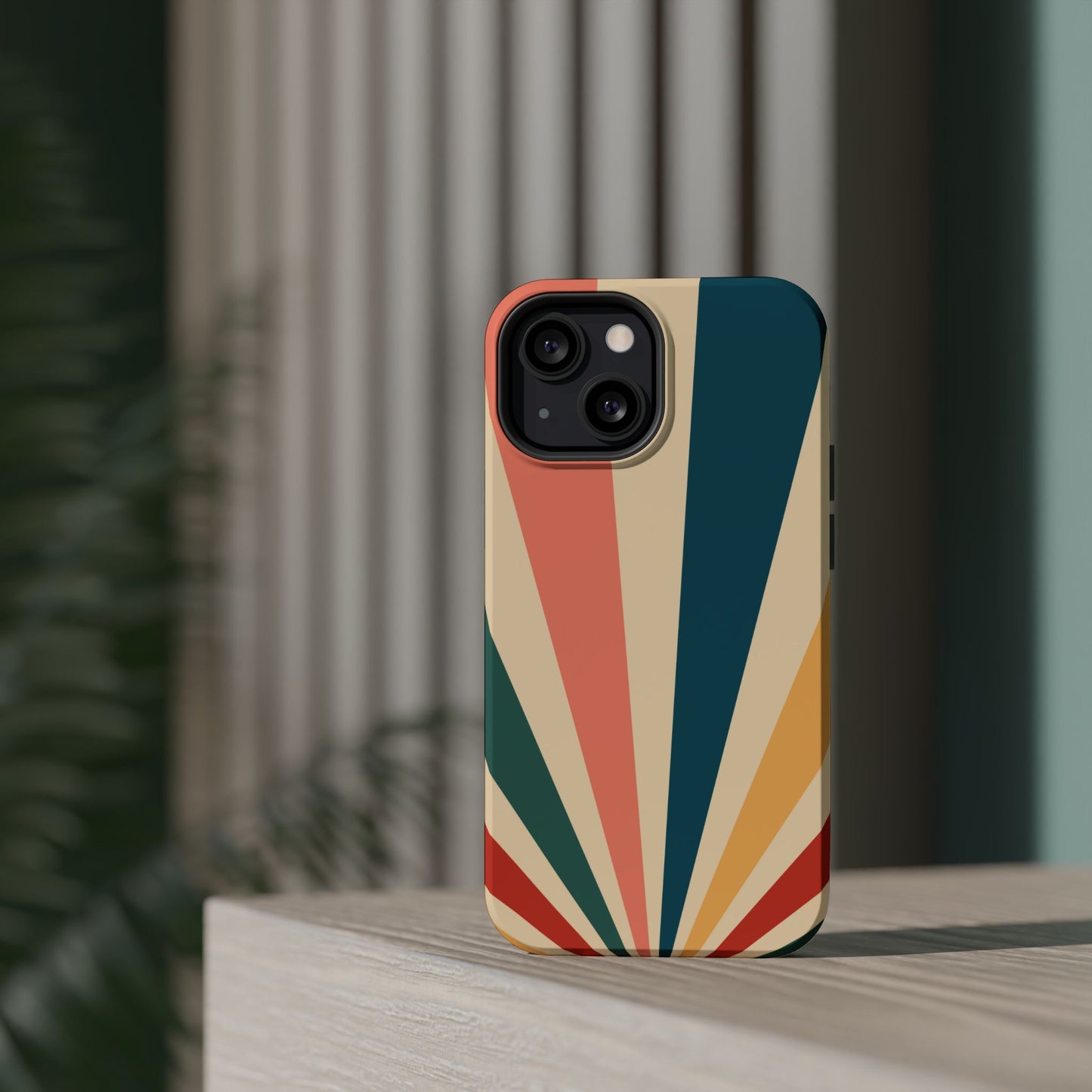 Retro Sunbeam MagSafe iPhone Case – 70s-Inspired Radiating Stripes in Coral, Teal, and Mustard