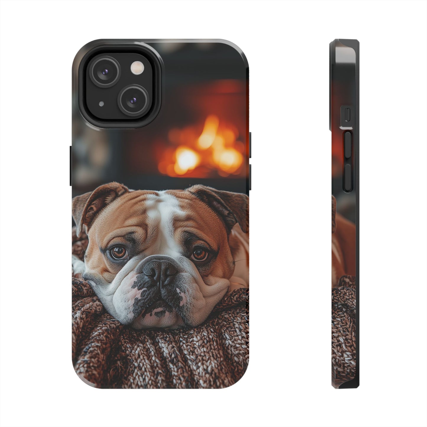 Cozy Bulldog iPhone Case – Fireside-Inspired Protective Cover Description: