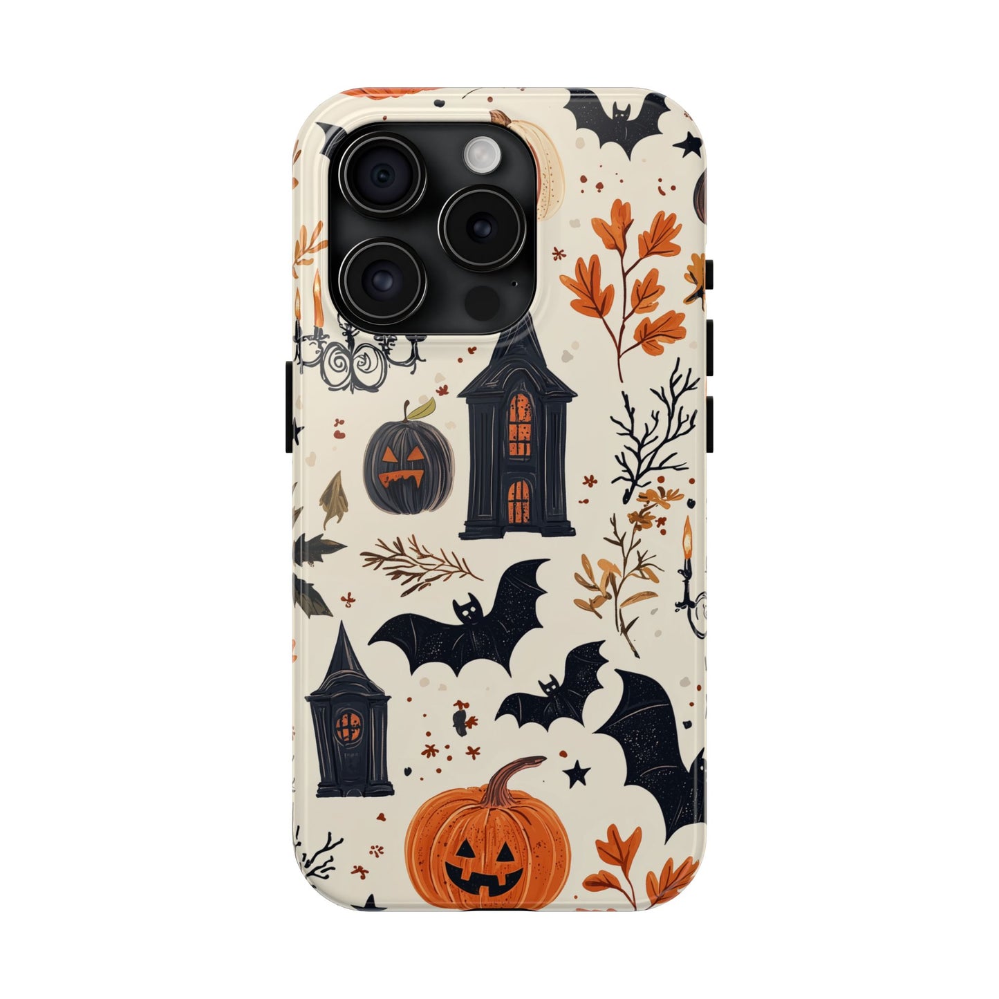 Haunted Halloween iPhone Case – Haunted House, Bats, and Pumpkins Design