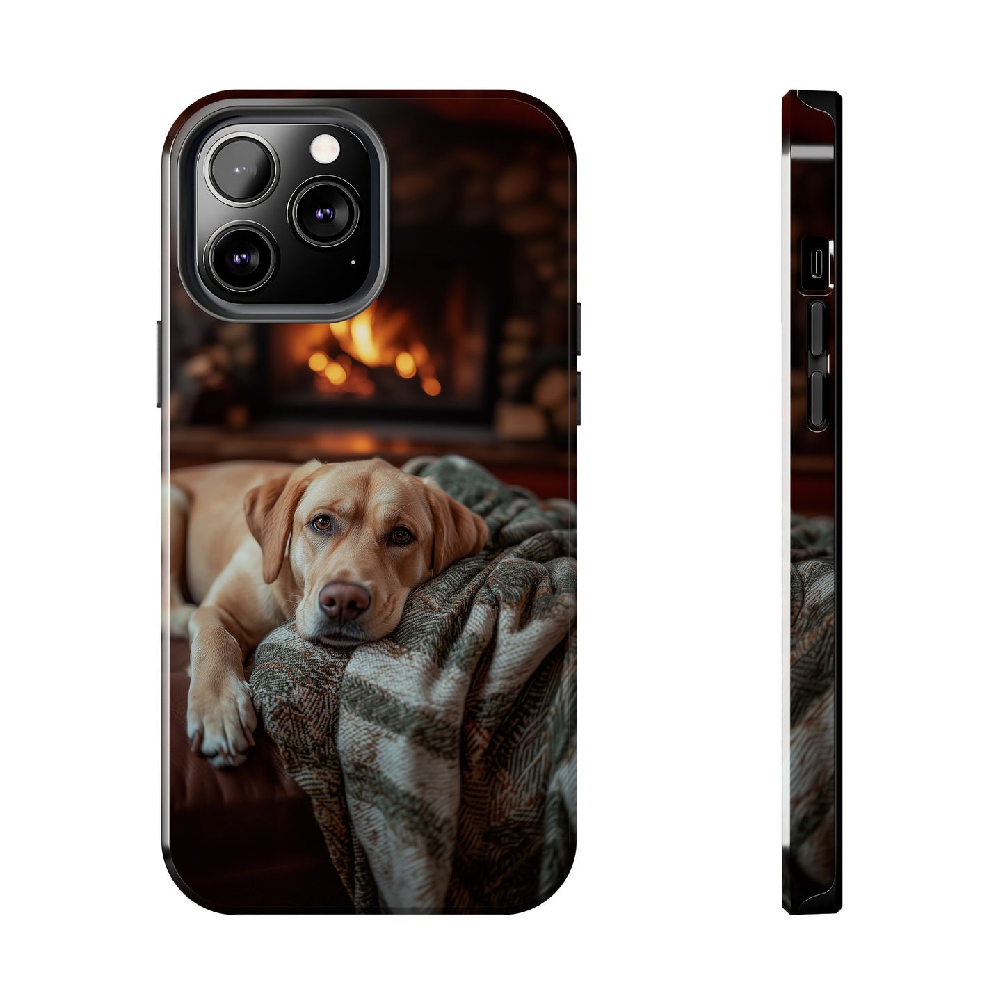 Cozy Labrador by Fireplace iPhone Case – Rustic Cabin Protective Cover