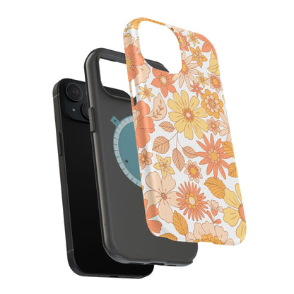 Vintage Floral Bloom MagSafe iPhone Case – Warm Orange & Yellow Retro Flower Design with Matte Finish