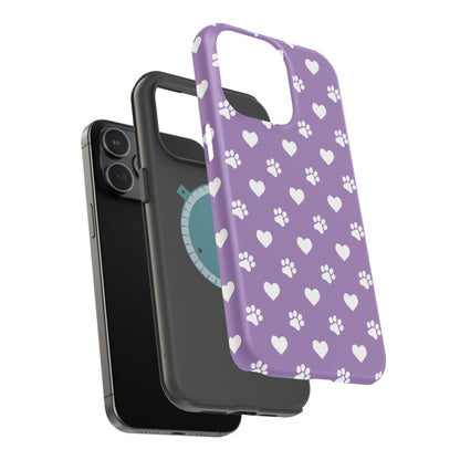 Lavender Paw Prints & Hearts Design - Adorable Pet Lover MagSafe iPhone Case