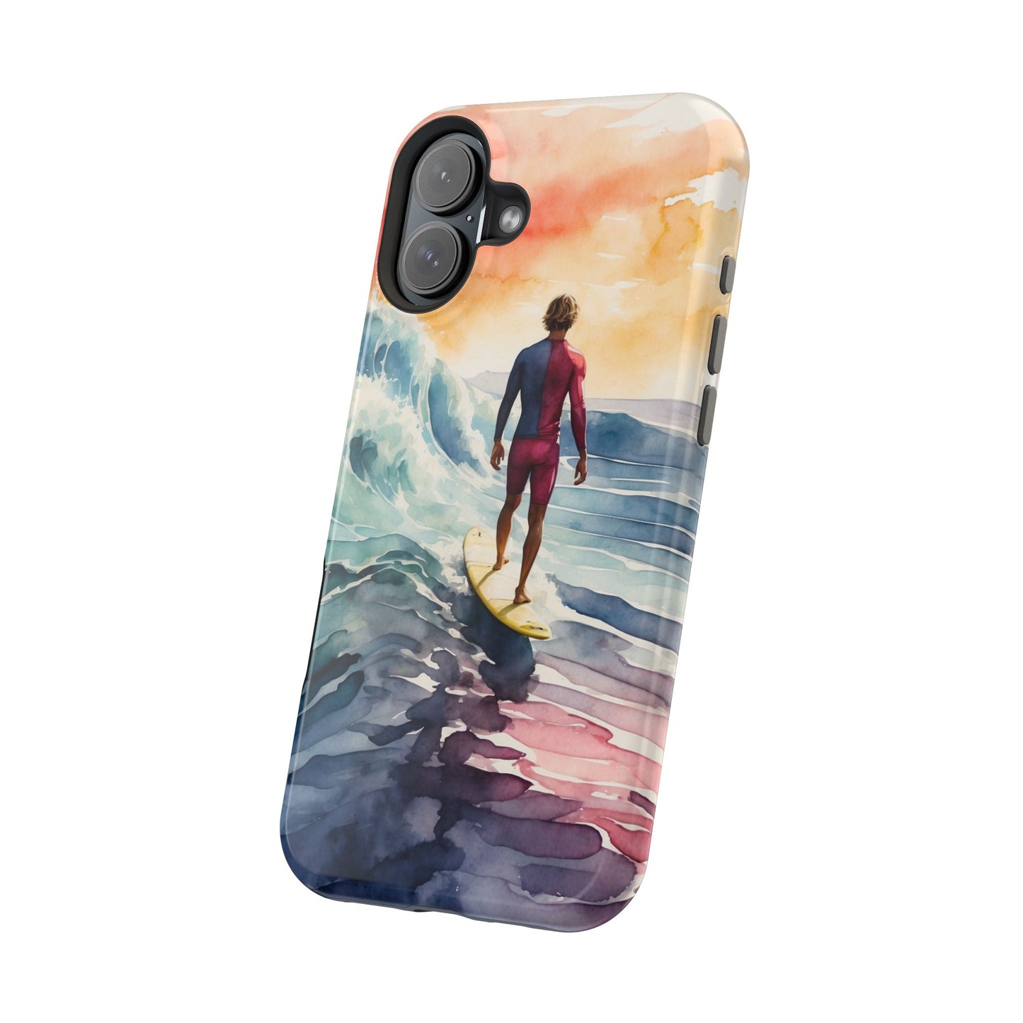 Surfer’s Sunset Wave MagSafe iPhone Case – Vibrant Watercolor Design