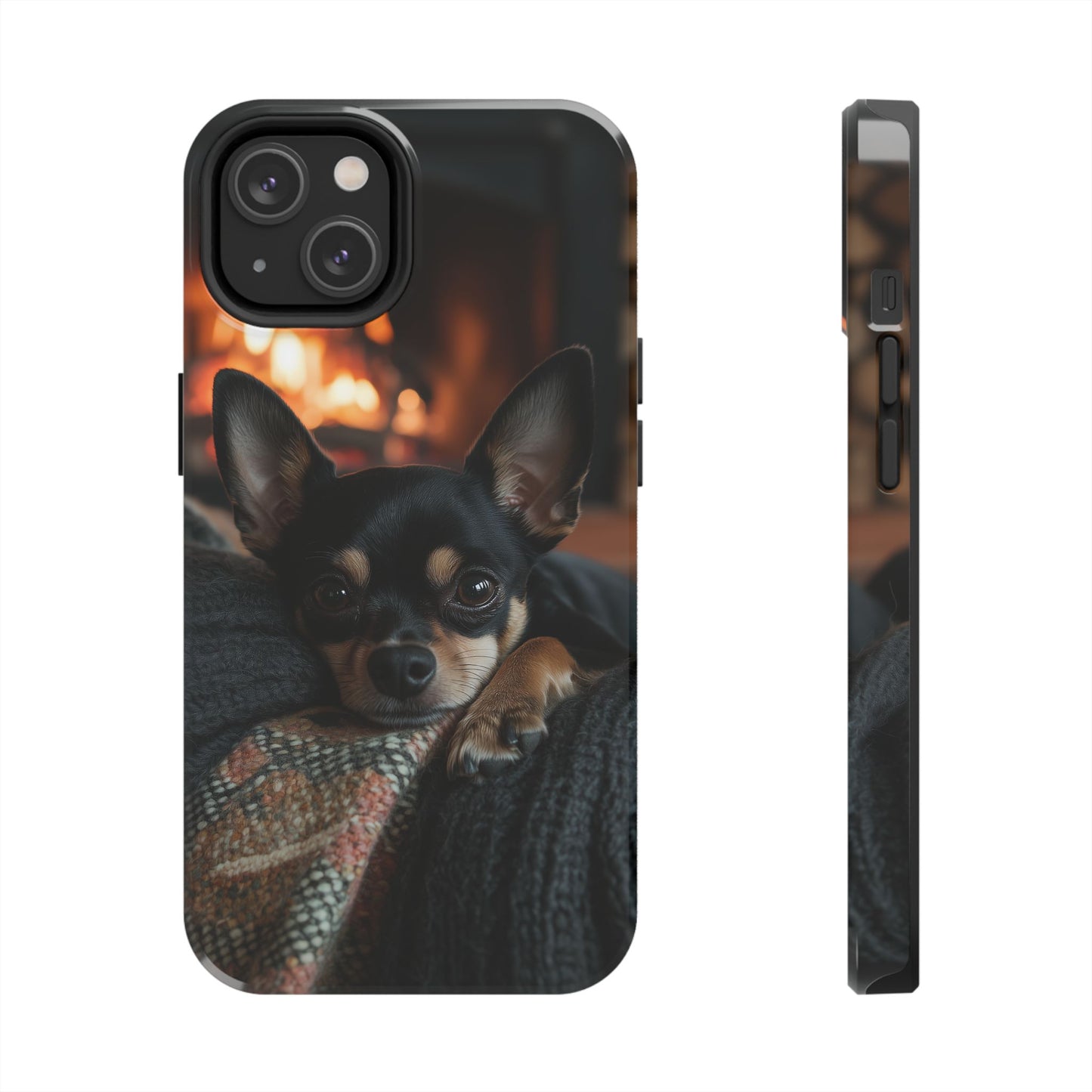 Cozy Chihuahua Fireplace iPhone Case – Warm and Stylish Design