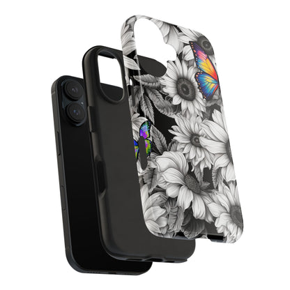 Rainbow Butterflies & Monochrome Sunflowers – iPhone Case