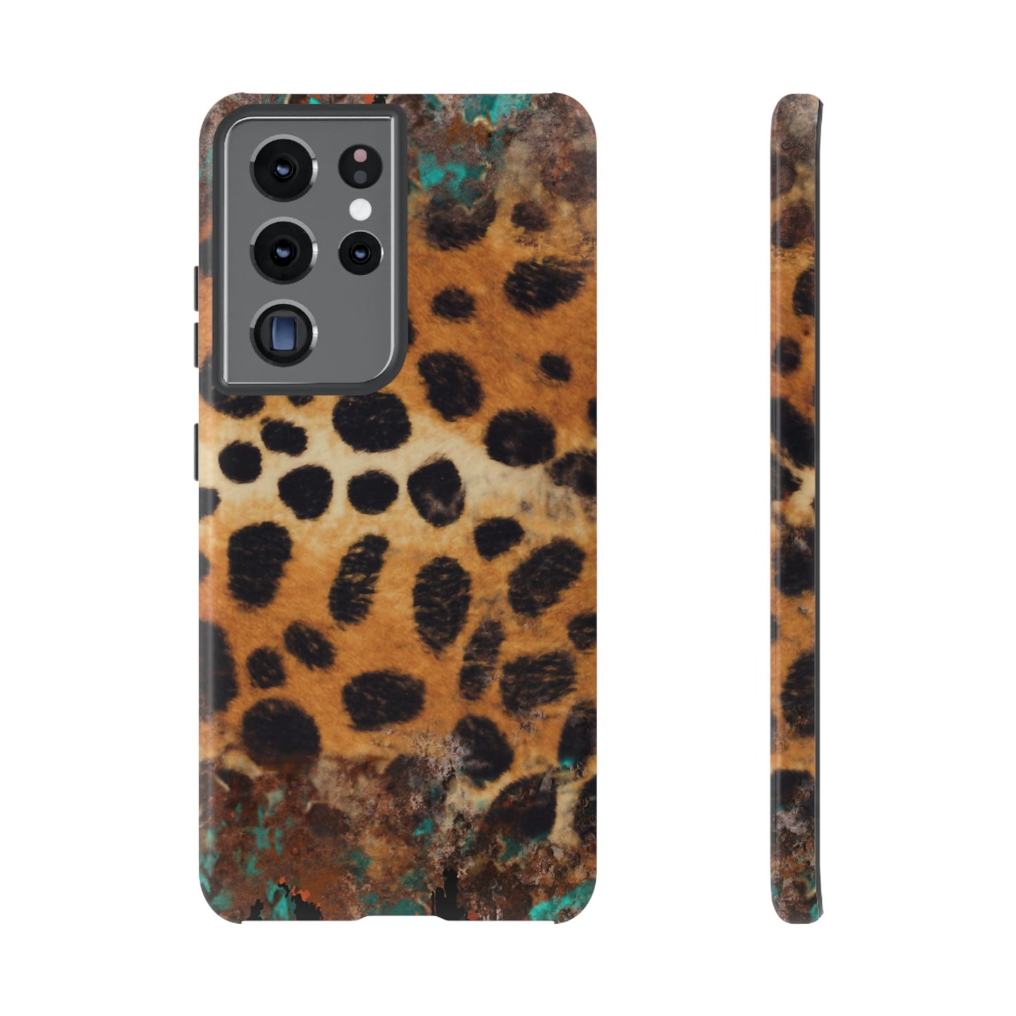 Rustic Leopard Print Tough Samsung Galaxy Case – Distressed Turquoise and Animal Pattern with Dual-Layer Protection