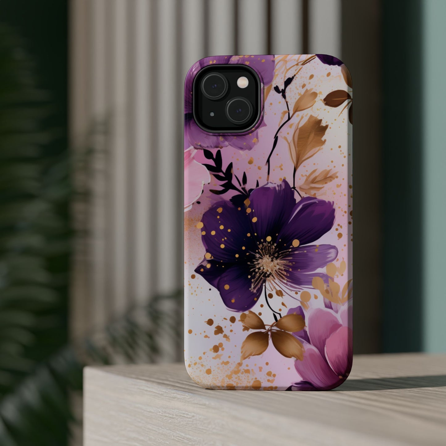 Elegant Purple & Gold Floral MagSafe iPhone Case - Luxe Flower Design