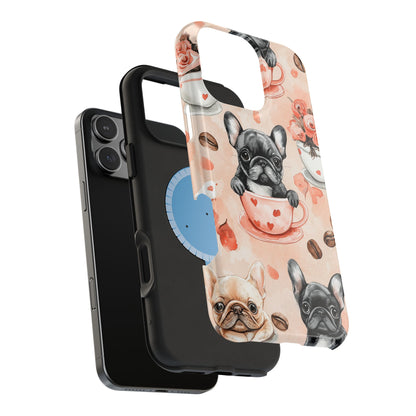 French Bulldogs in Heart Teacups MagSafe iPhone Case – Cute Dog & Floral Design, Shockproof Protection