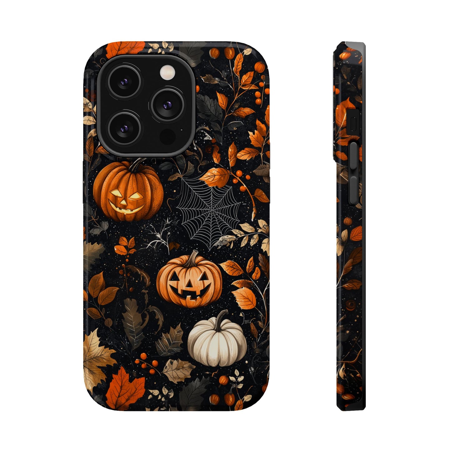 Elegant Halloween MagSafe iPhone Case – Pumpkin Jack-o'-Lanterns, Cobwebs & Autumn Foliage Design