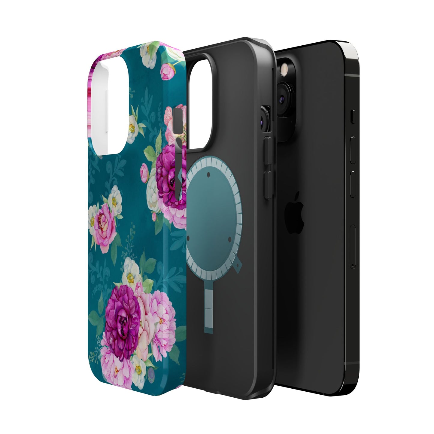 Elegant Peony Bouquet MagSafe iPhone Case – Deep Teal Background with Romantic Floral Design