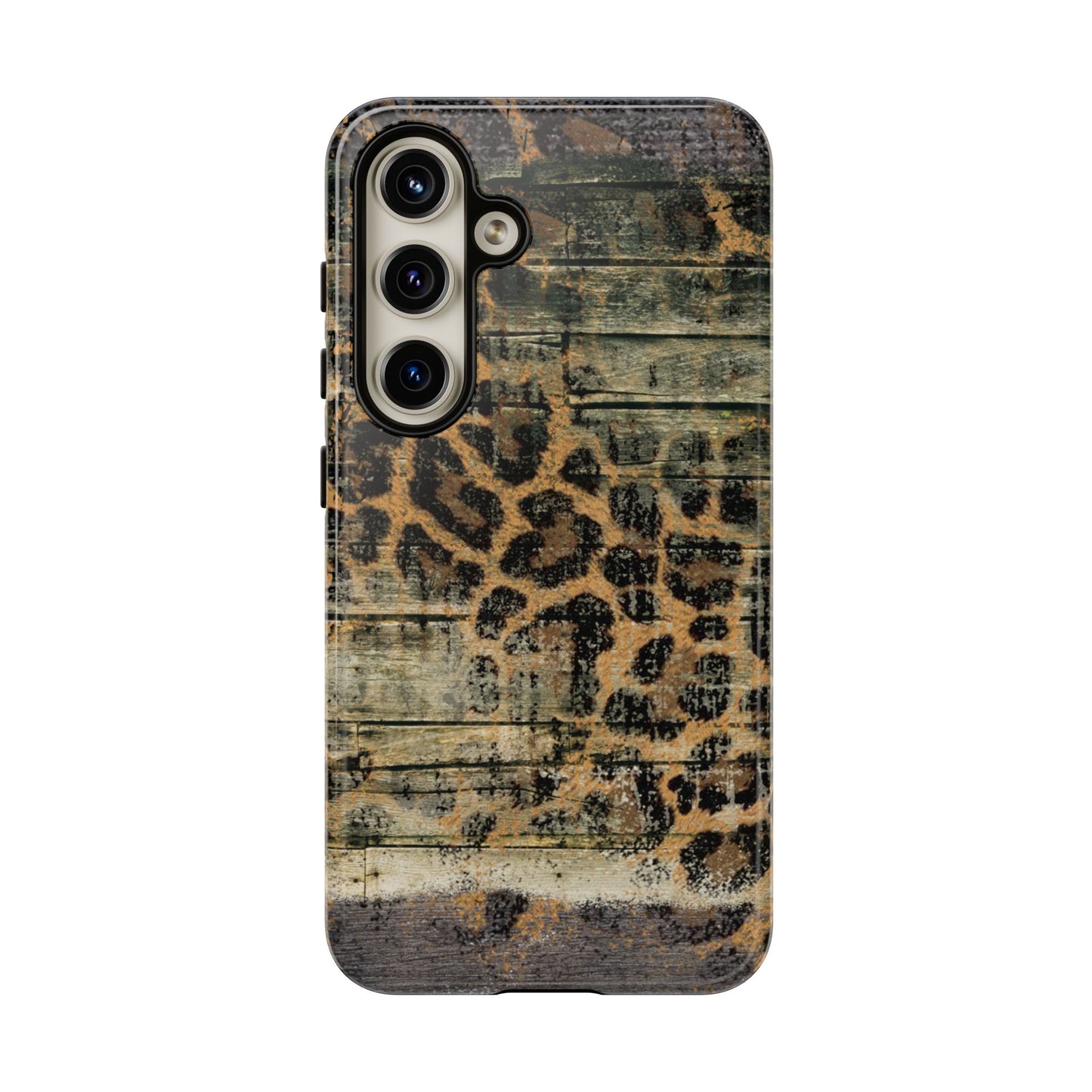 Rustic Wood and Leopard Print Tough Samsung Galaxy Case – Distressed Western Design with Dual-Layer Protection