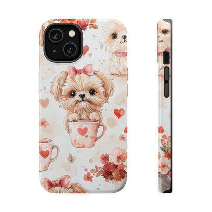 Puppies & Heart Mugs MagSafe iPhone Case – Sweet Dog & Floral Design, Shockproof & Slim