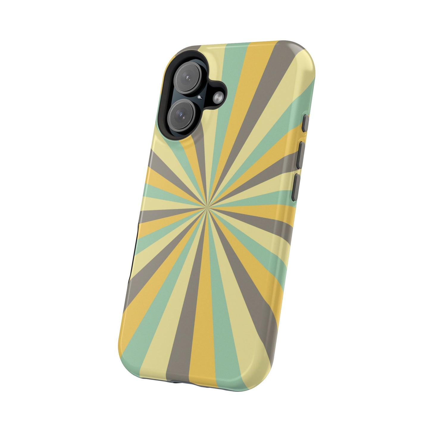 Vintage Sunburst Rays MagSafe iPhone Case – Bold 70s-Inspired Burst in Yellow, Mint, and Gray