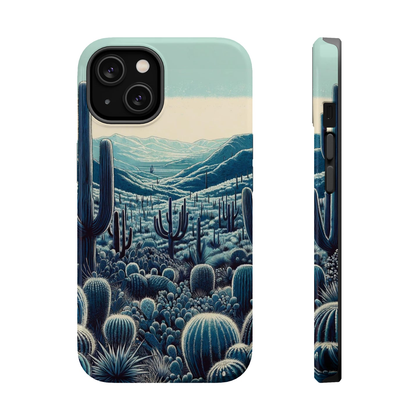 Desert Blues MagSafe Case - Serene Cactus Landscape for iPhone Series 13, 14, & 15