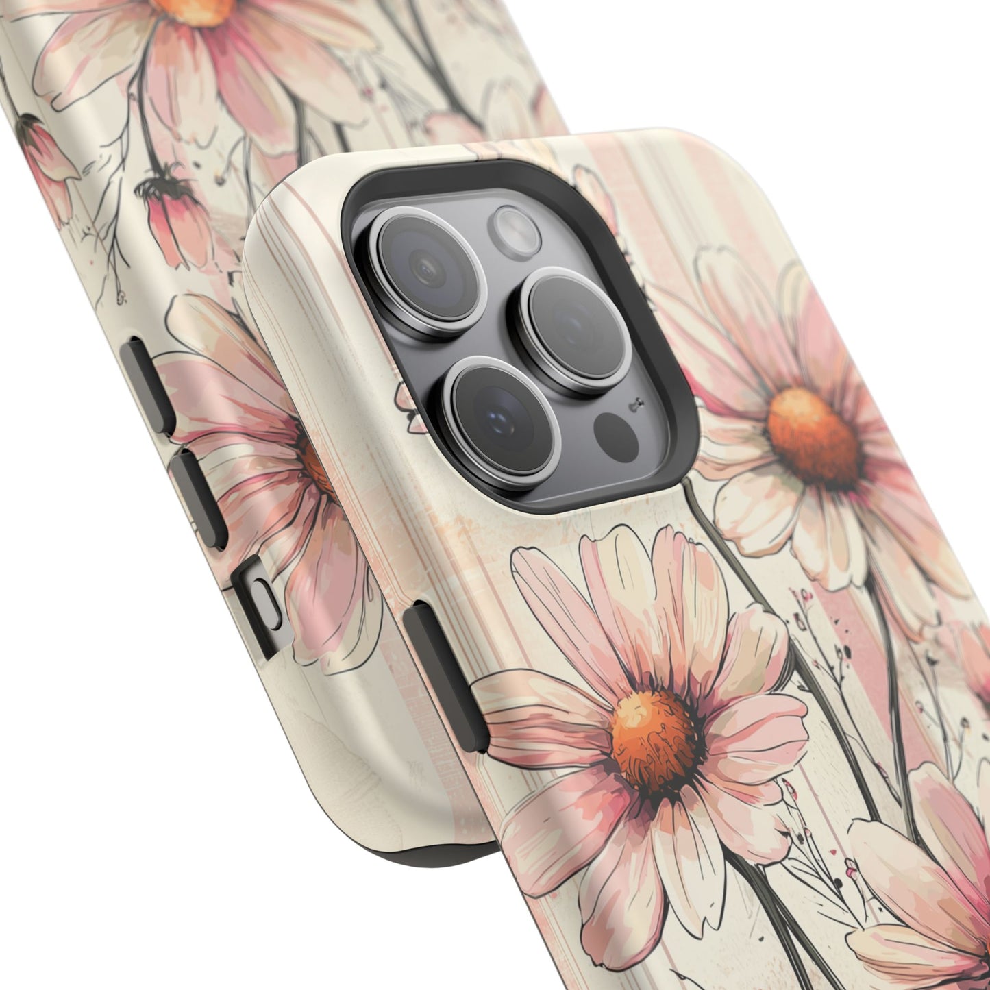 Pastel Pink Daisy MagSafe iPhone Case - Elegant Floral Plaid Protective Cover