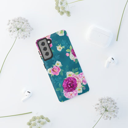 Elegant Peony Bouquet Samsung Galaxy Case – Deep Teal Background with Romantic Floral Design