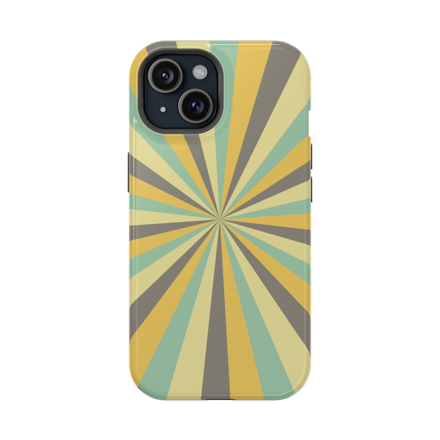 Vintage Sunburst Rays MagSafe iPhone Case – Bold 70s-Inspired Burst in Yellow, Mint, and Gray