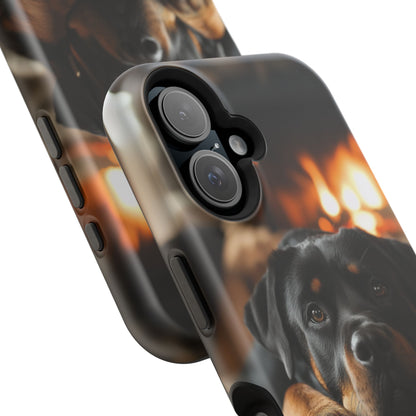 Cozy Rottweiler by the Fireplace MagSafe iPhone Case – Warm Rustic Design