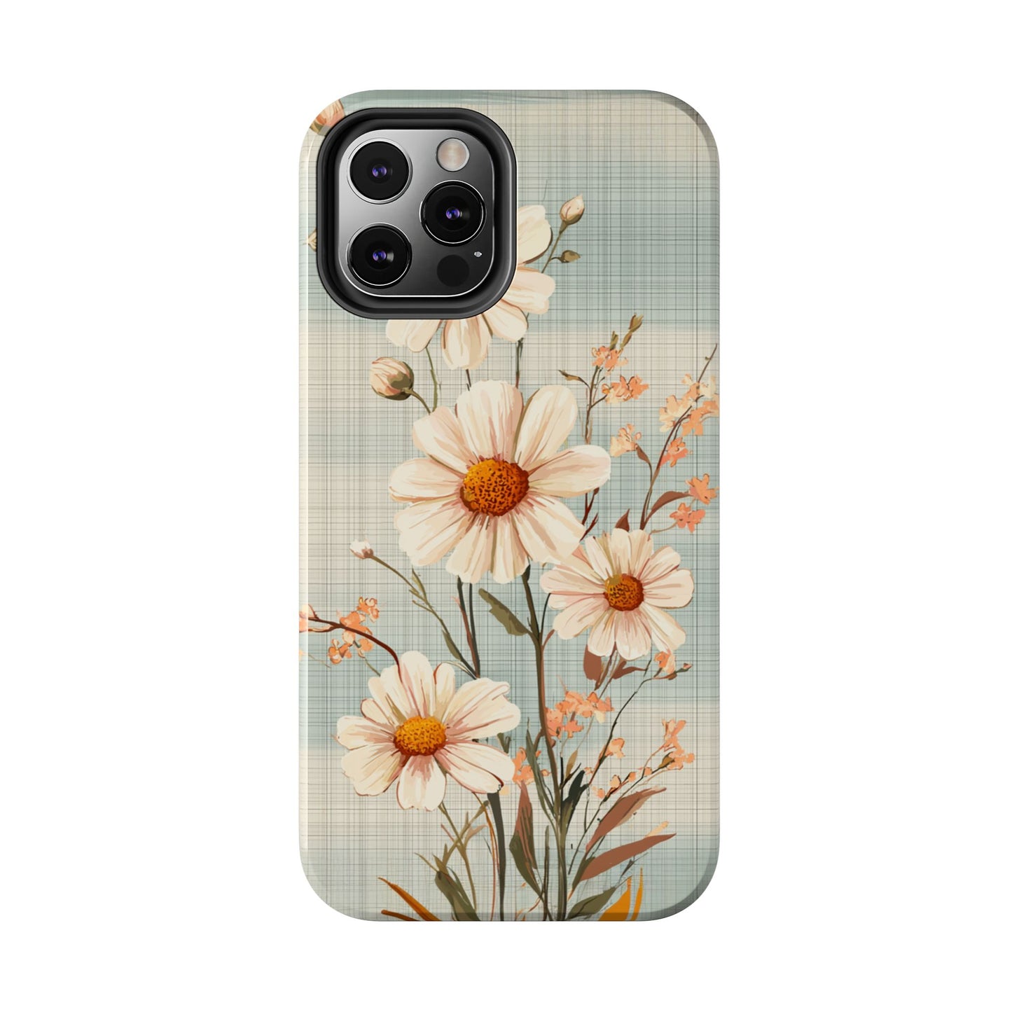 Vintage Plaid & Daisy Floral Tough iPhone Case – Dual-Layer Protection with Retro Flower Design