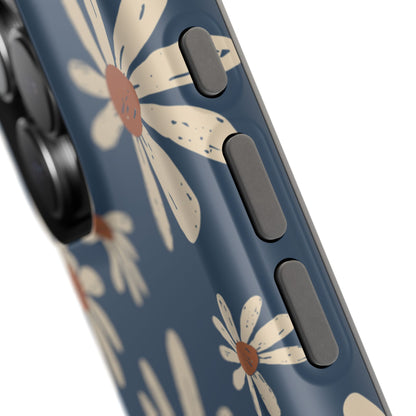 Vintage Daisies MagSafe iPhone Case – Navy Blue Floral Design, Scratch-Resistant with Shock-Absorbing Bumper