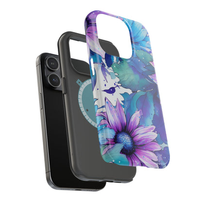 Purple & Teal Watercolor Floral MagSafe iPhone Case - Artistic Flower Design