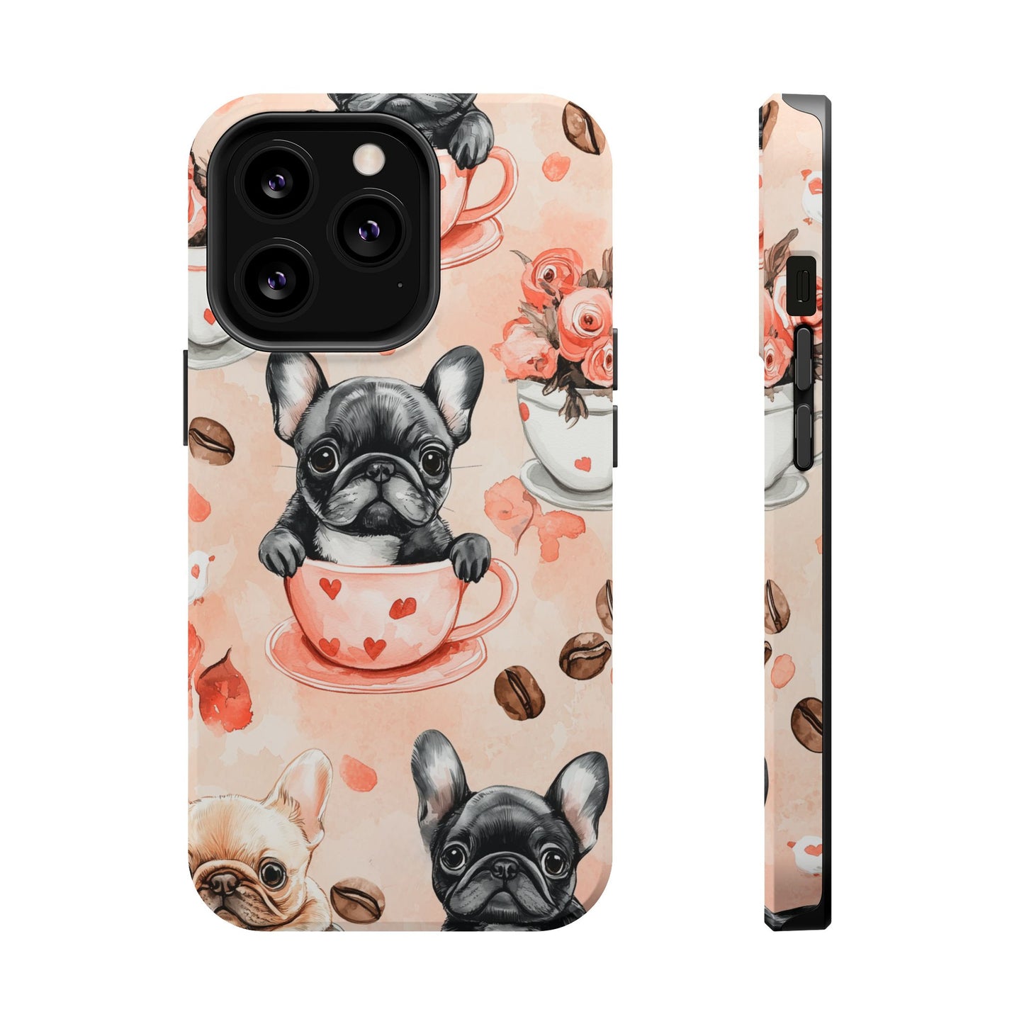 French Bulldogs in Heart Teacups MagSafe iPhone Case – Cute Dog & Floral Design, Shockproof Protection