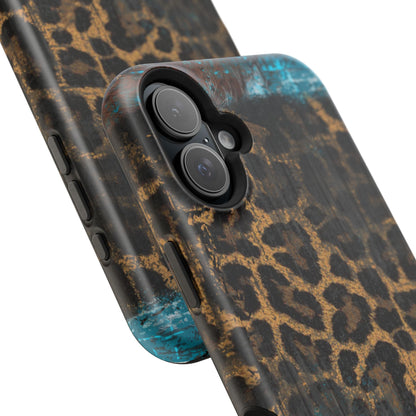 Boho Leopard and Turquoise Tough MagSafe iPhone Case – Rustic Western Design with Dual-Layer Protection