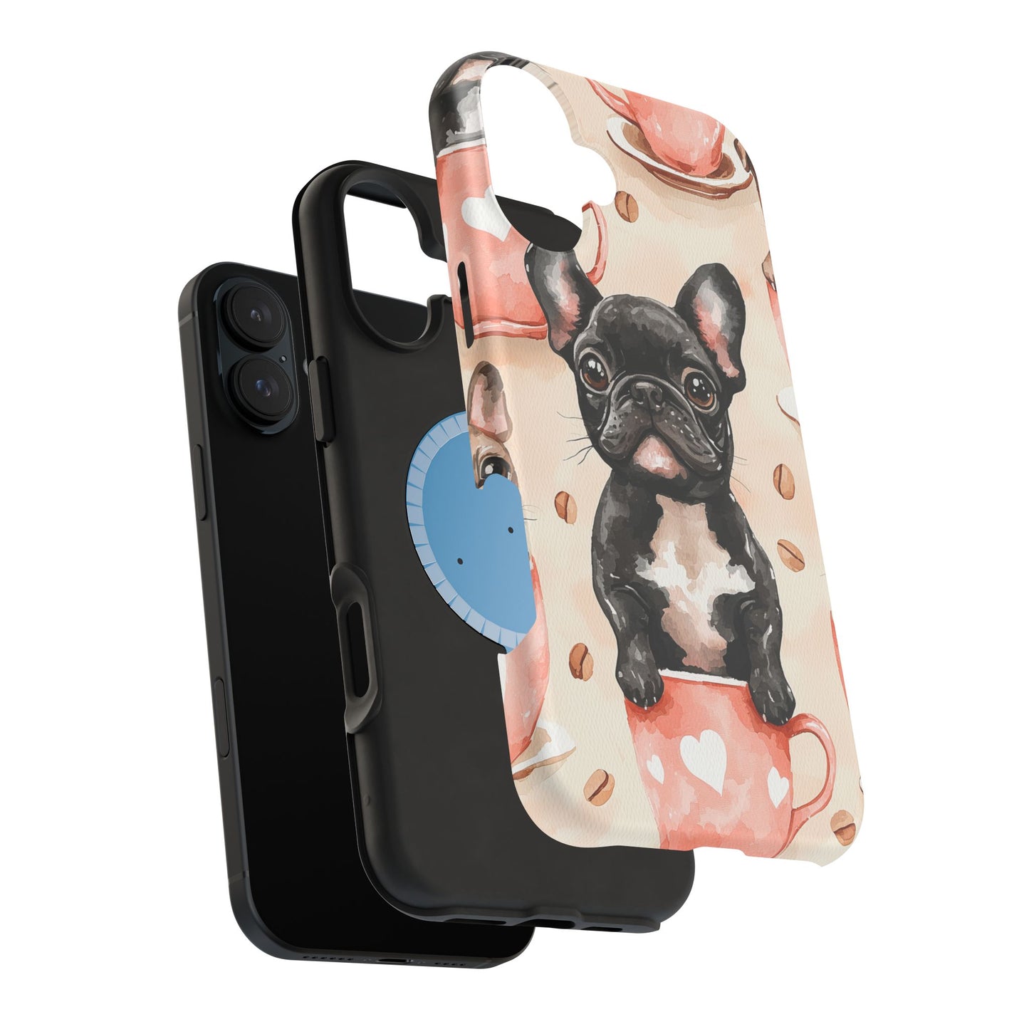 French Bulldogs in Coffee Cup MagSafe iPhone Case – Cute Dog Art, Shockproof & Slim Design