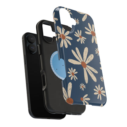 Vintage Daisies MagSafe iPhone Case – Navy Blue Floral Design, Scratch-Resistant with Shock-Absorbing Bumper